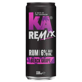 KA - Remix Rum Black Grape - 330ml: Enjoy a bold black grape flavor with Caribbean rum, 6% ABV, in a can featuring purple and white text on a black background.